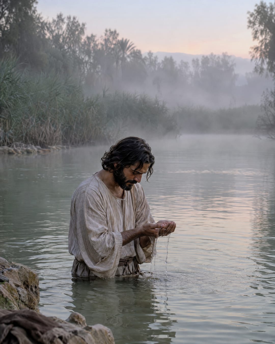 Temprano en una mañana de neblina, Jesús está de pie en el río Jordán, con el agua a la cintura, y deja correr el agua de sus manos.