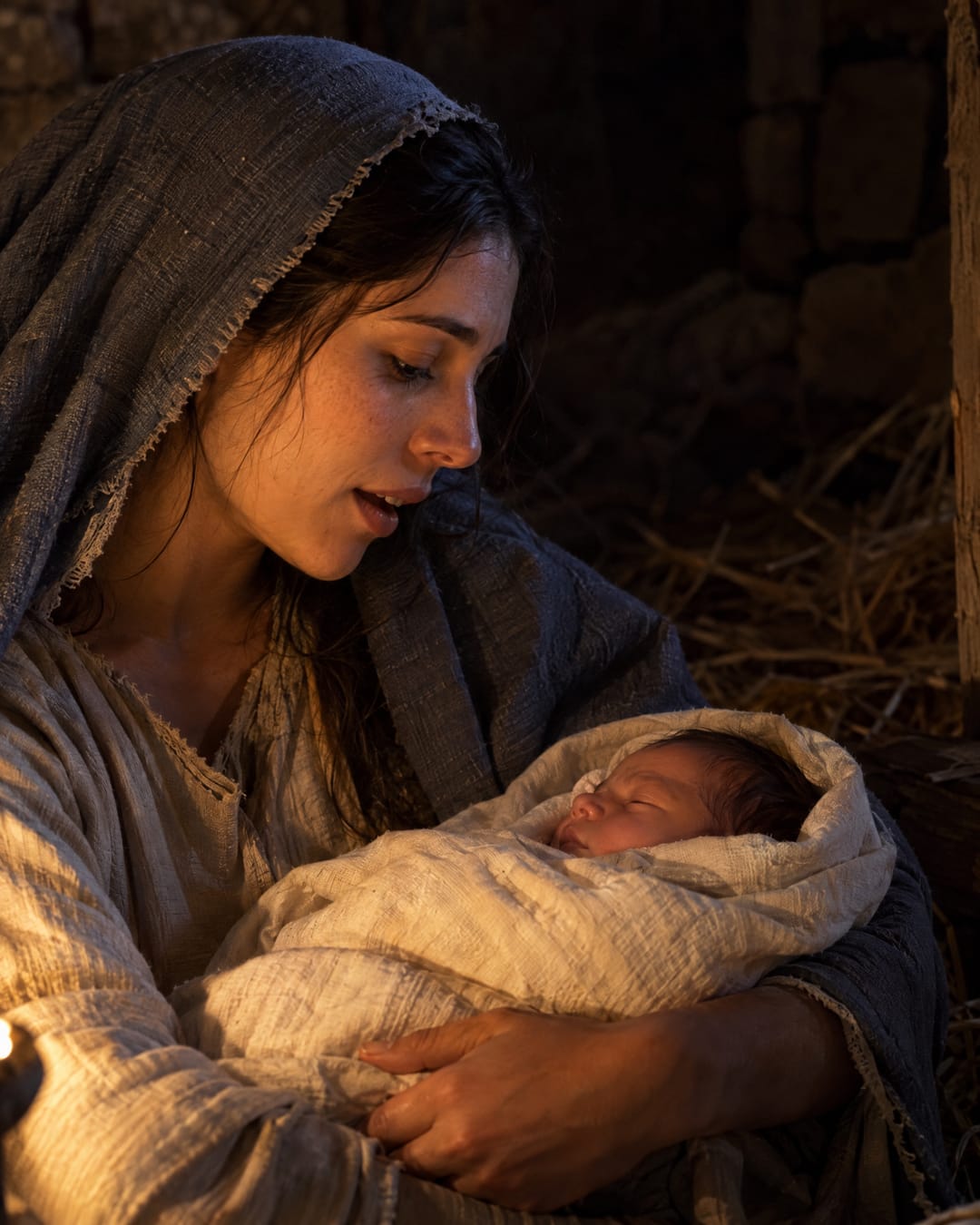 A la luz de una pequeña lámpara, María mira al recién nacido dormido en sus brazos en el establo y le canta suavemente.