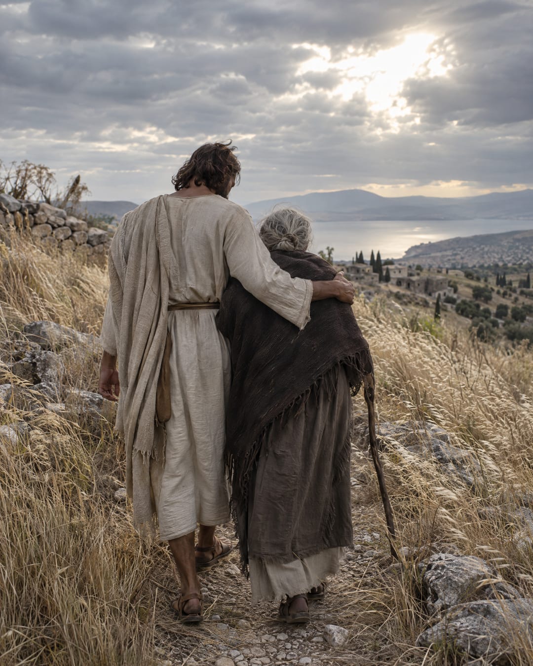 Vistos de espaldas, Jesús camina abrazando a una anciana por un sendero de la colina bajo un cielo plateado.