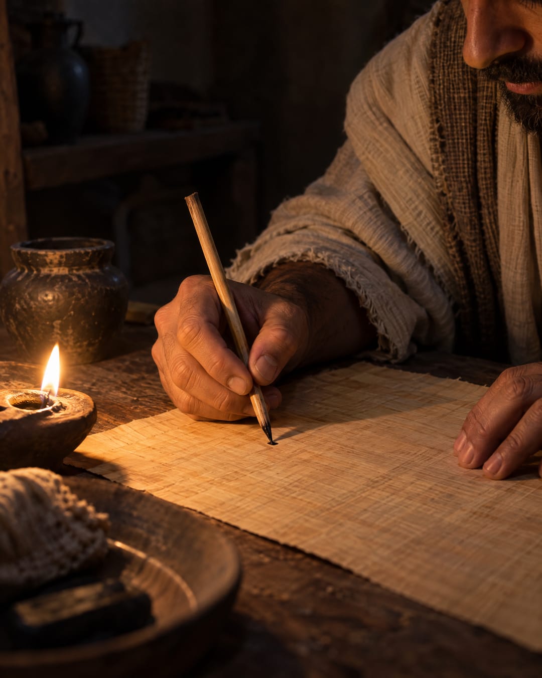 A la luz de una pequeña lámpara de aceite, una mano con una pluma de caña empieza a escribir en una hoja de papiro en blanco.